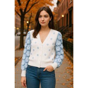 VTG Cardigan Sweater Large Blue White 3D Flowers Cottagecore Lolita Kawaii Indie